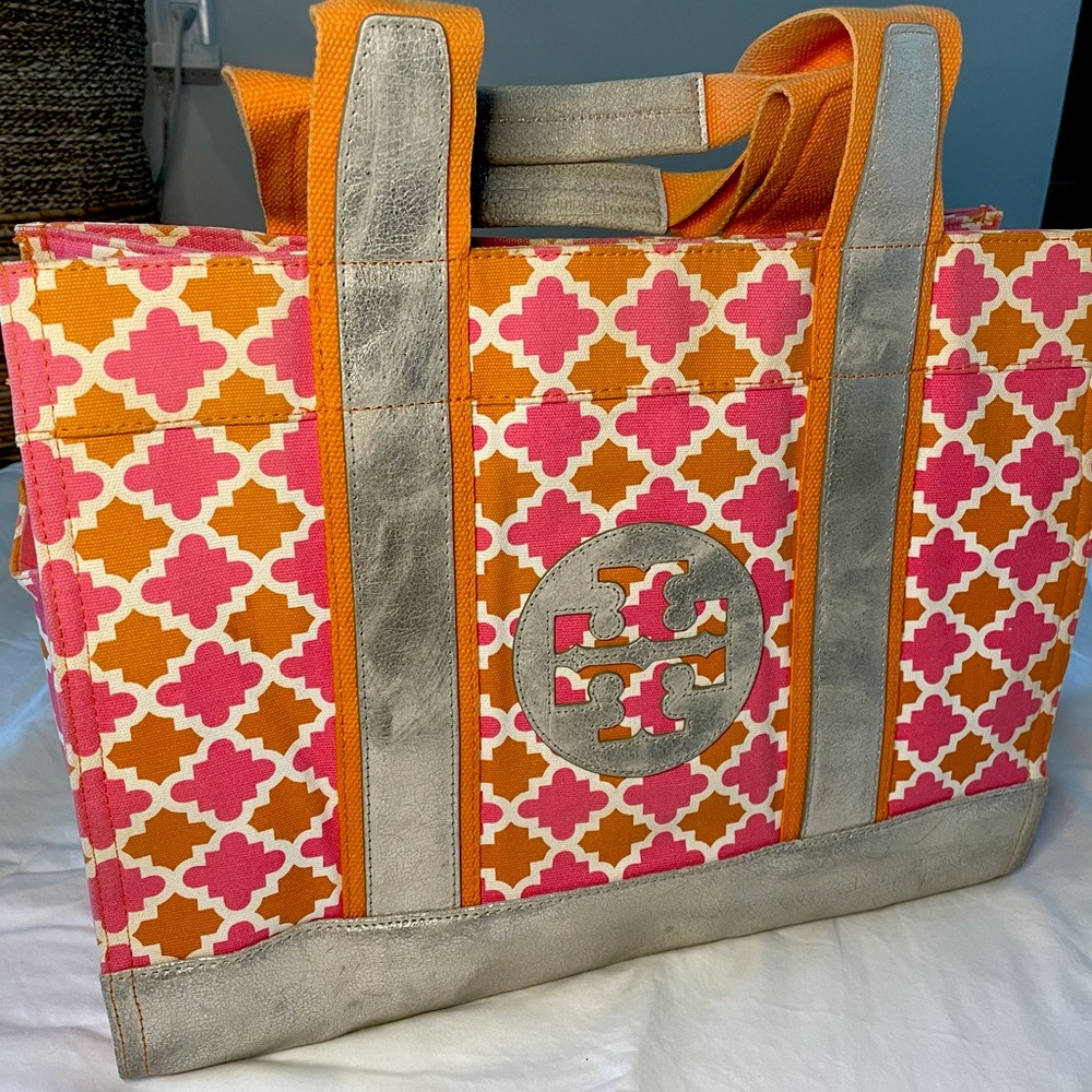 Tory Burch orange and pink tote with silver detail